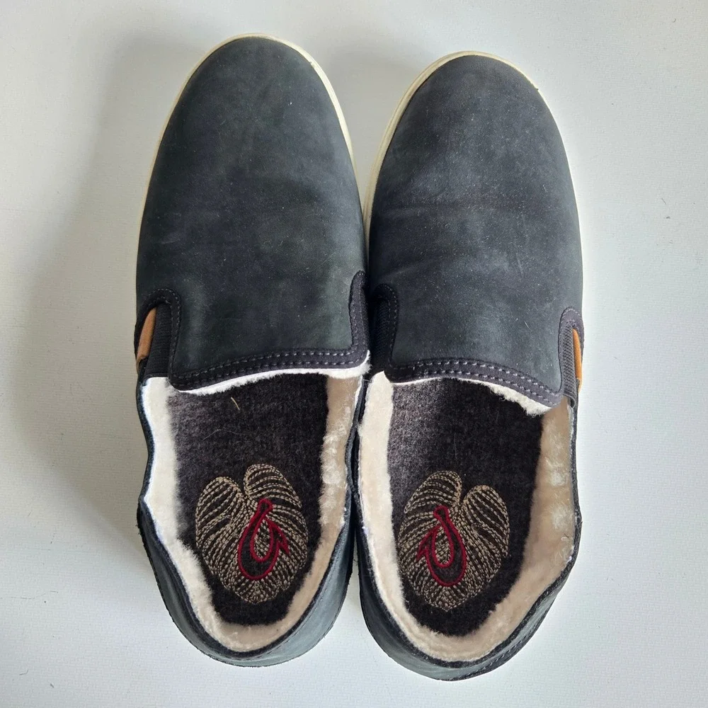 Olukai Pehuea Heu Black Leather Shearling Lined Slip On‎ Sneakers Womens 8 20391
